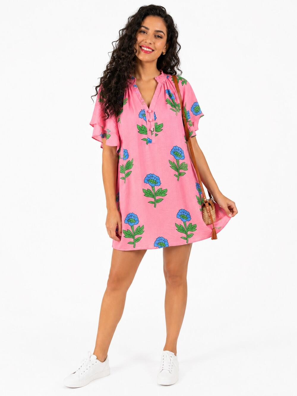 Umgee NWOT Pink Floral Flutter Sleeve Shift Dress Covered Buttons Small